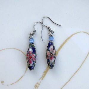 Vintage Floral Enamel Cloisonne Dangle Earrings